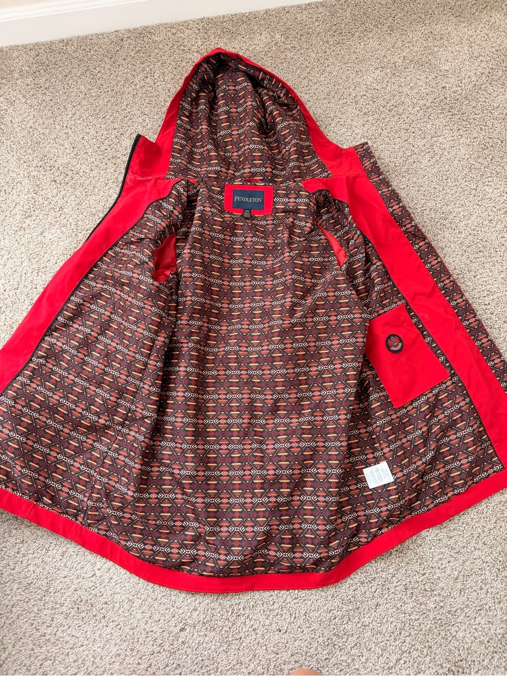 Pendleton Jacket – Red Softshell with Aztec Southwestern interior